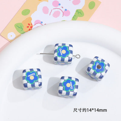 Plaid Sunflower Square Acrylic Beads 14mm Colorful Floral 10pcs 20