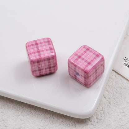 Baking Painted Square Acrylic Beads 14mm Plaid Colorful 50pcs 7