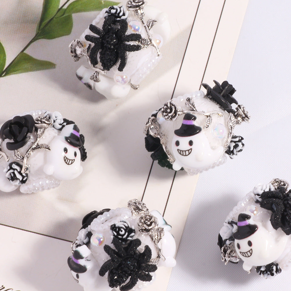 Halloween Barrel Clay Beads 26mm Skull Black Roses Pearl 5pcs 8