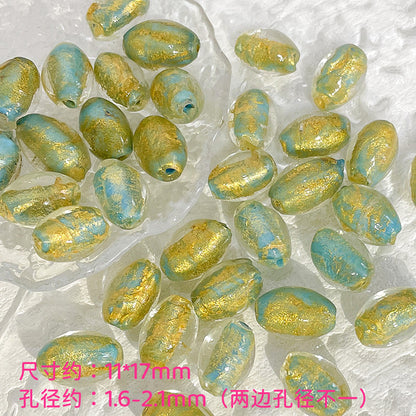 Lampwork Glass Beads Olive Shaped Vintage Gold Foil Filled 1pc 8