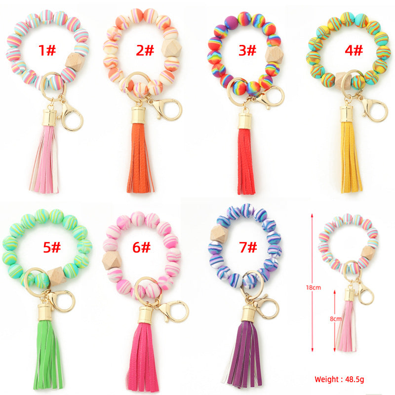 Silicone Bead Bracelet Wrist Keychain Marbled Beech Wood Tassel