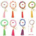 Silicone Bead Bracelet Wrist Keychain Marbled Beech Wood Tassel