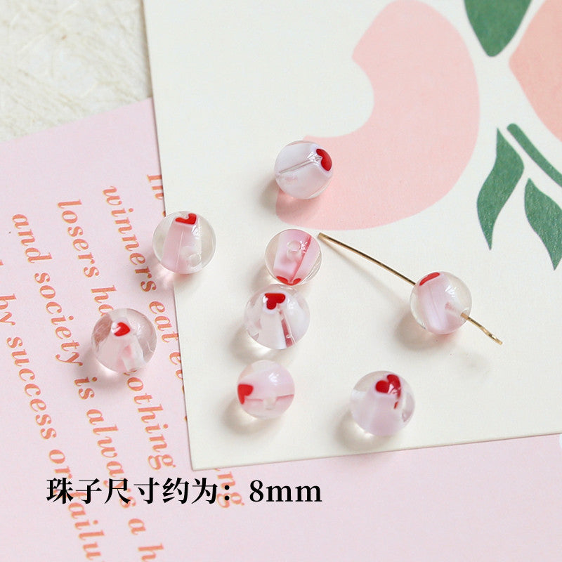 Lampwork Glass Beads Round 6-10mm Tiny Red Heart Pattern 2pcs 8