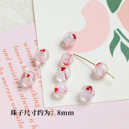 Lampwork Glass Beads Round 6-10mm Tiny Red Heart Pattern 2pcs 8