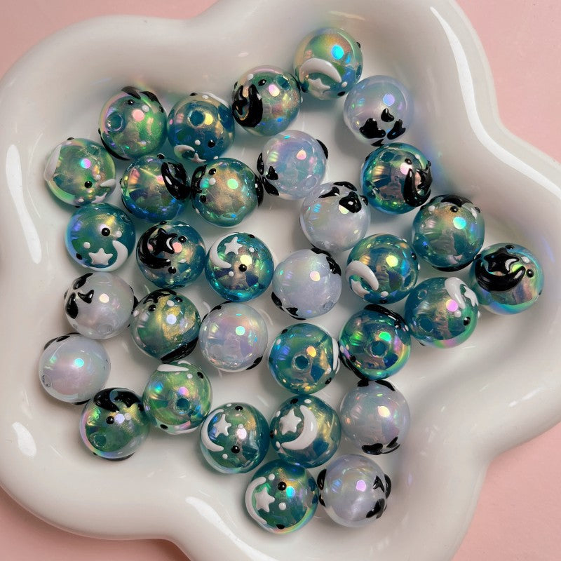Painted Star Moon Acrylic Beads 16mm Black White Hand Drawn 5pcs