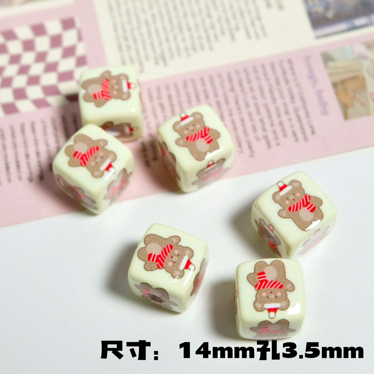 Christmas Square Acrylic Beads 14mm Colorful Printed 10pcs 14