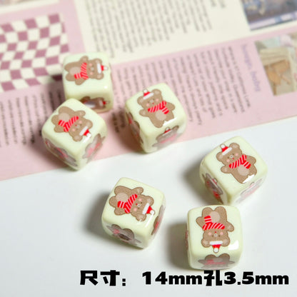 Christmas Square Acrylic Beads 14mm Colorful Printed 10pcs 14