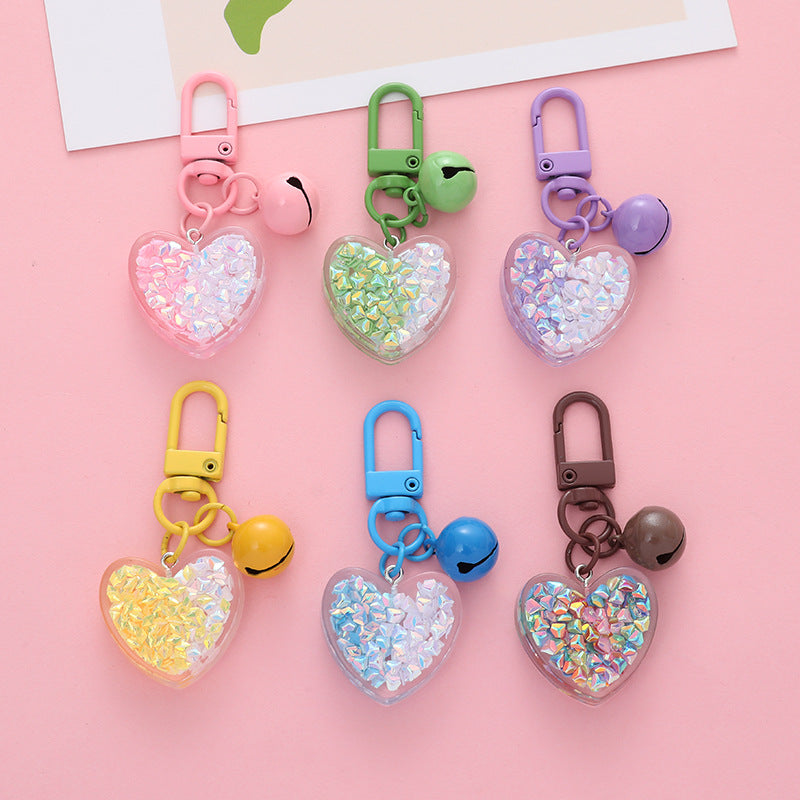 Acrylic Heart Keychain with Iridescent Flakes and Colorful Bell Charm
