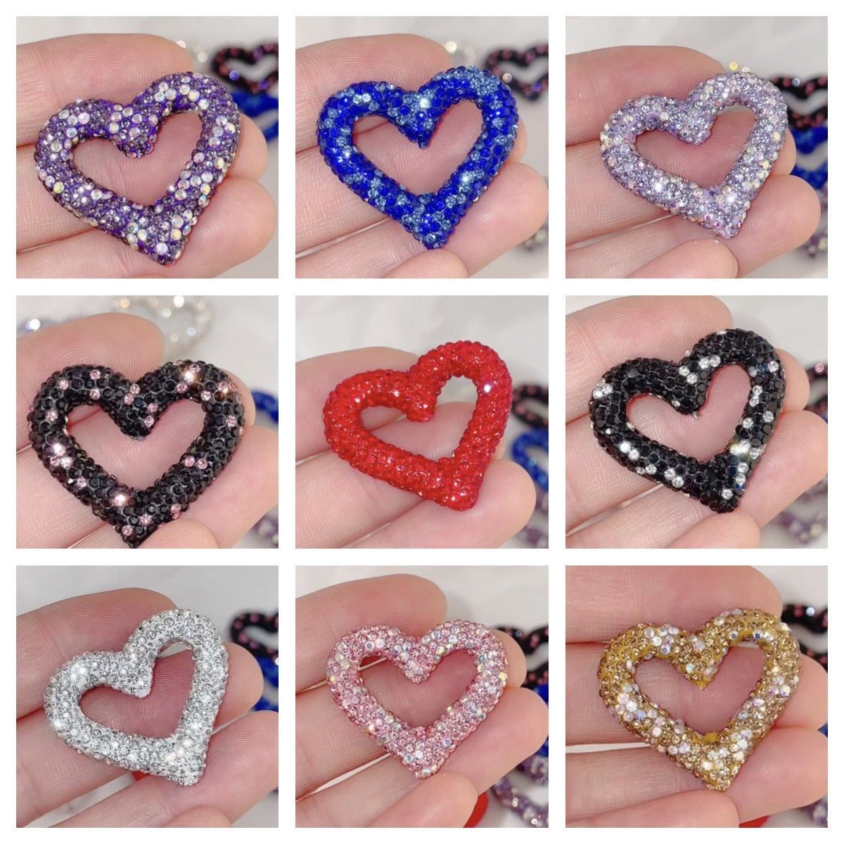 Shimmer Hollow Heart Frame Polymer Clay Rhinestone Beads 32mm 6pcs