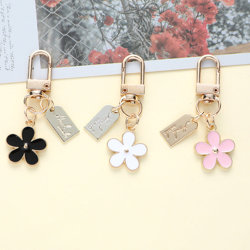 Enamel Metal Daisy Keychain Gold Outline Black White Pink