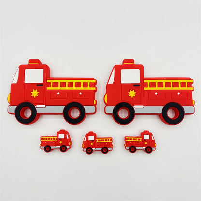 Silicone Focal Beads Fire Truck Red Detailed Textured Back 10pcs 4
