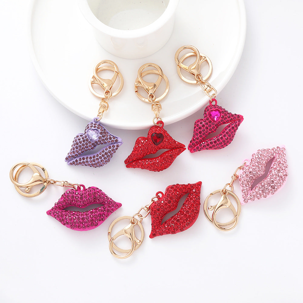 Rhinestone Lip Keychain Crystal Encrusted Gold Hardware Metal
