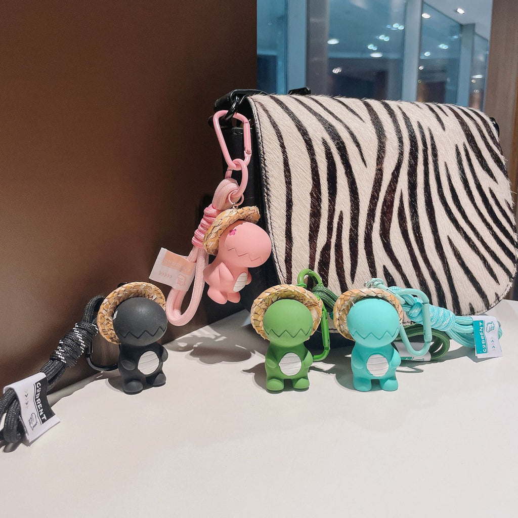 Cartoon Resin Dinosaur Keychain with Straw Hat Pastel Colors 2