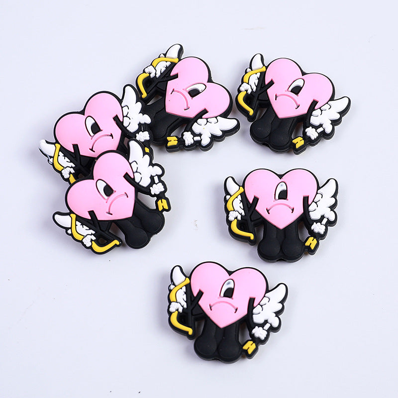 Silicone Focal Beads Heart Shooter Winged Pink Comic Outline 10pcs 3