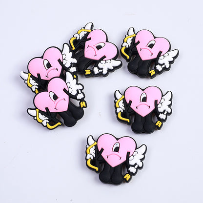 Silicone Focal Beads Heart Shooter Winged Pink Comic Outline 10pcs 3
