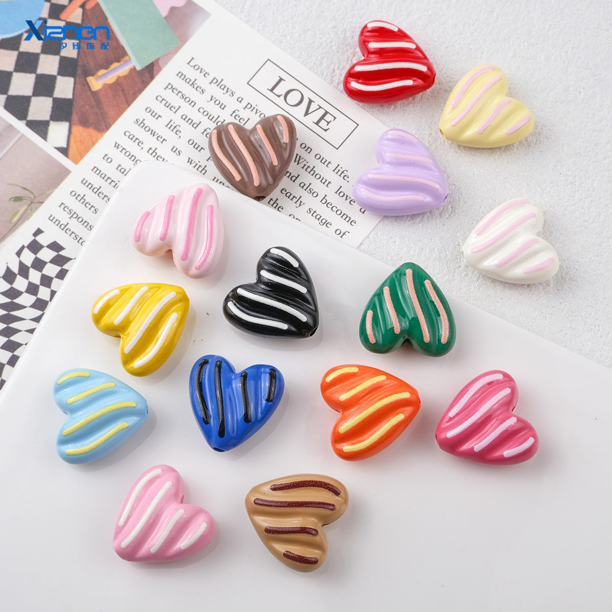 Wavy Stripe Heart Acrylic Beads 19mm Colorful Mixed 20pcs 3