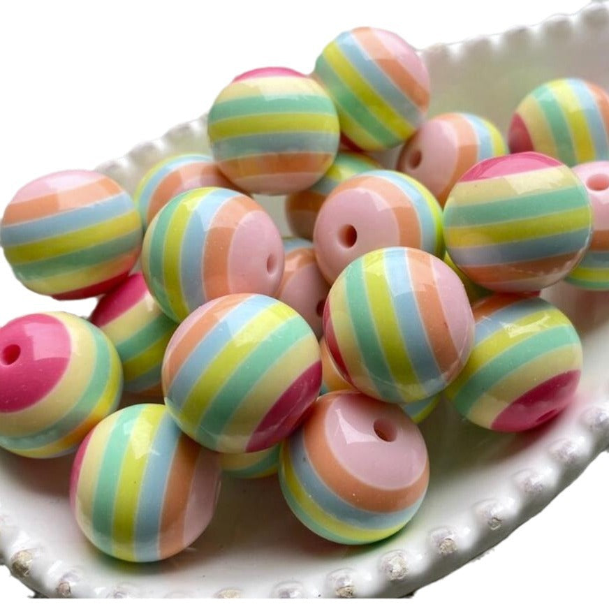 Striped Bubblegum Beads 20mm Rainbow Glossy Resin Round 10pcs 2