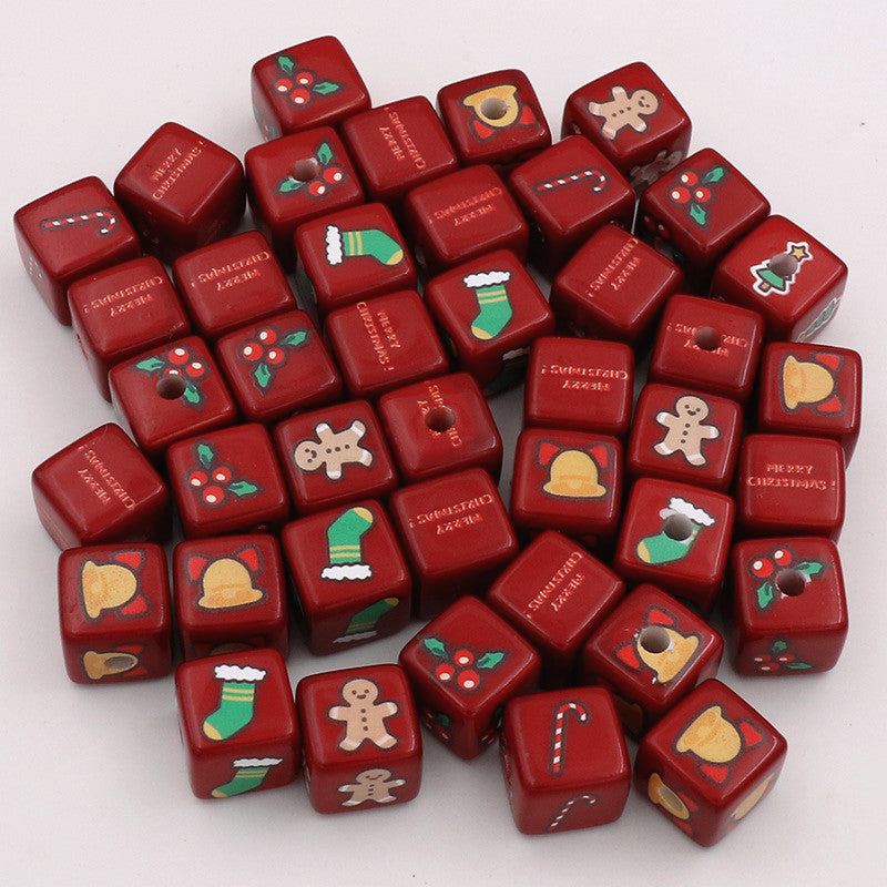 Christmas Square Acrylic Beads 14mm Red Printed 20pcs