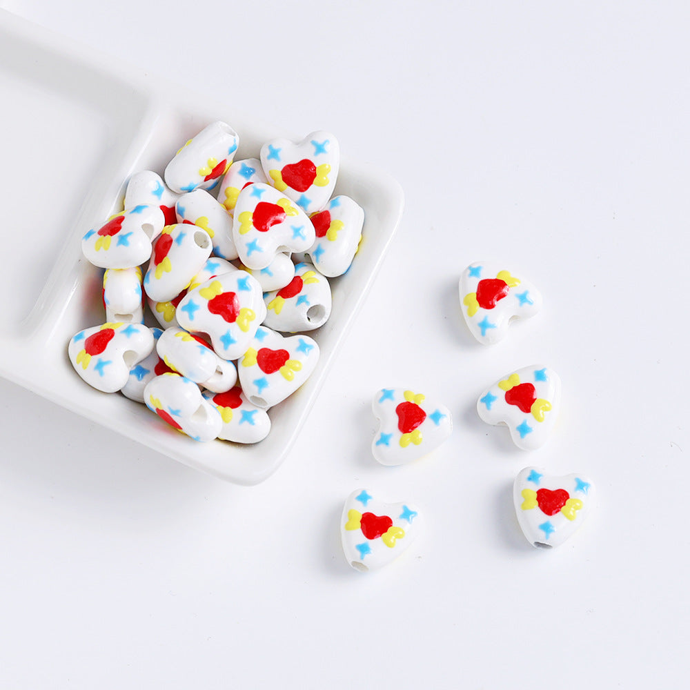 Hand Painted Animal Heart Ceramic Beads 15mm Colorful 5pcs 7