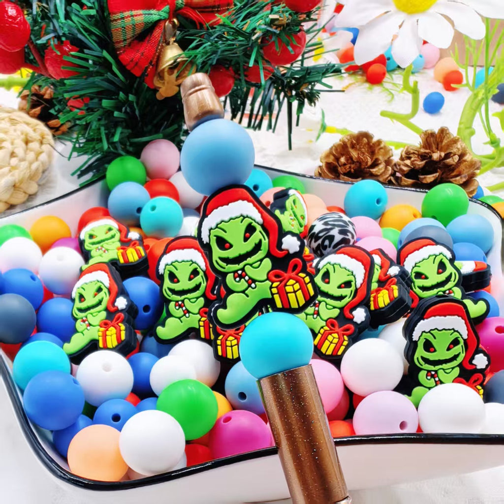 Silicone Focal Beads Christmas Halloween Horror Grinch Holding Gift 20pcs 2