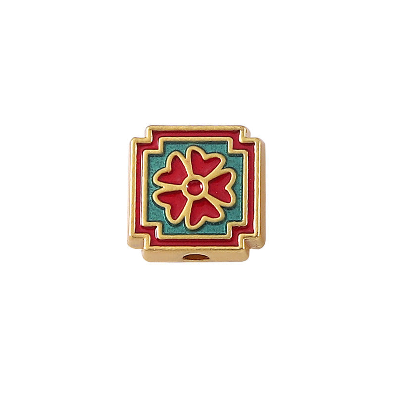 Square Metal Beads 12mm Cloisonne Red Green Enamel Clovers 10pcs 4