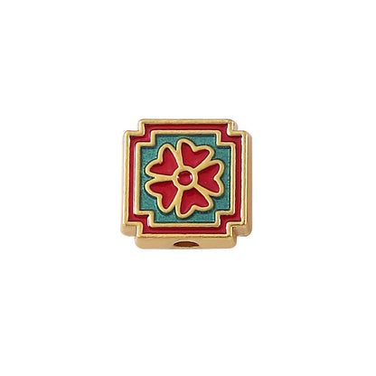 Square Metal Beads 12mm Cloisonne Red Green Enamel Clovers 10pcs 4