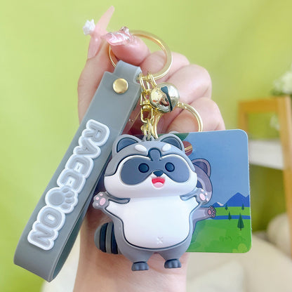 PVC Cute Raccoon Keychain Gray Soft Tone With Jingle Bell 5