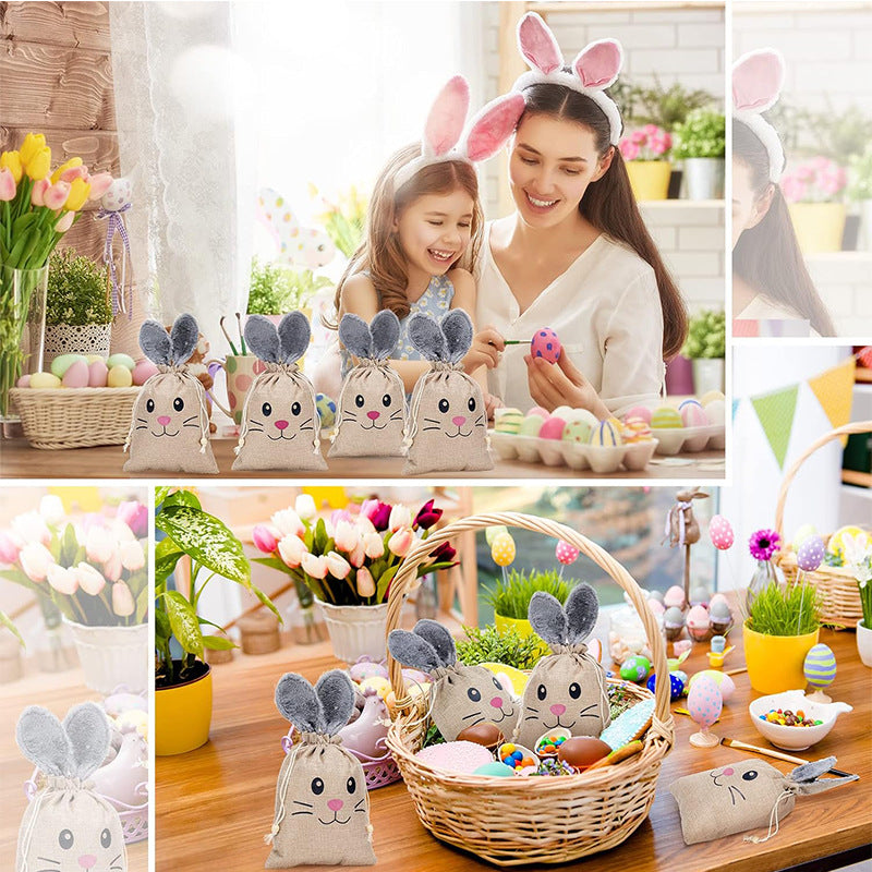 Linen Drawstring Gift Bags with Grey Furry Rabbit Ears 20x26cm 10pcs 2