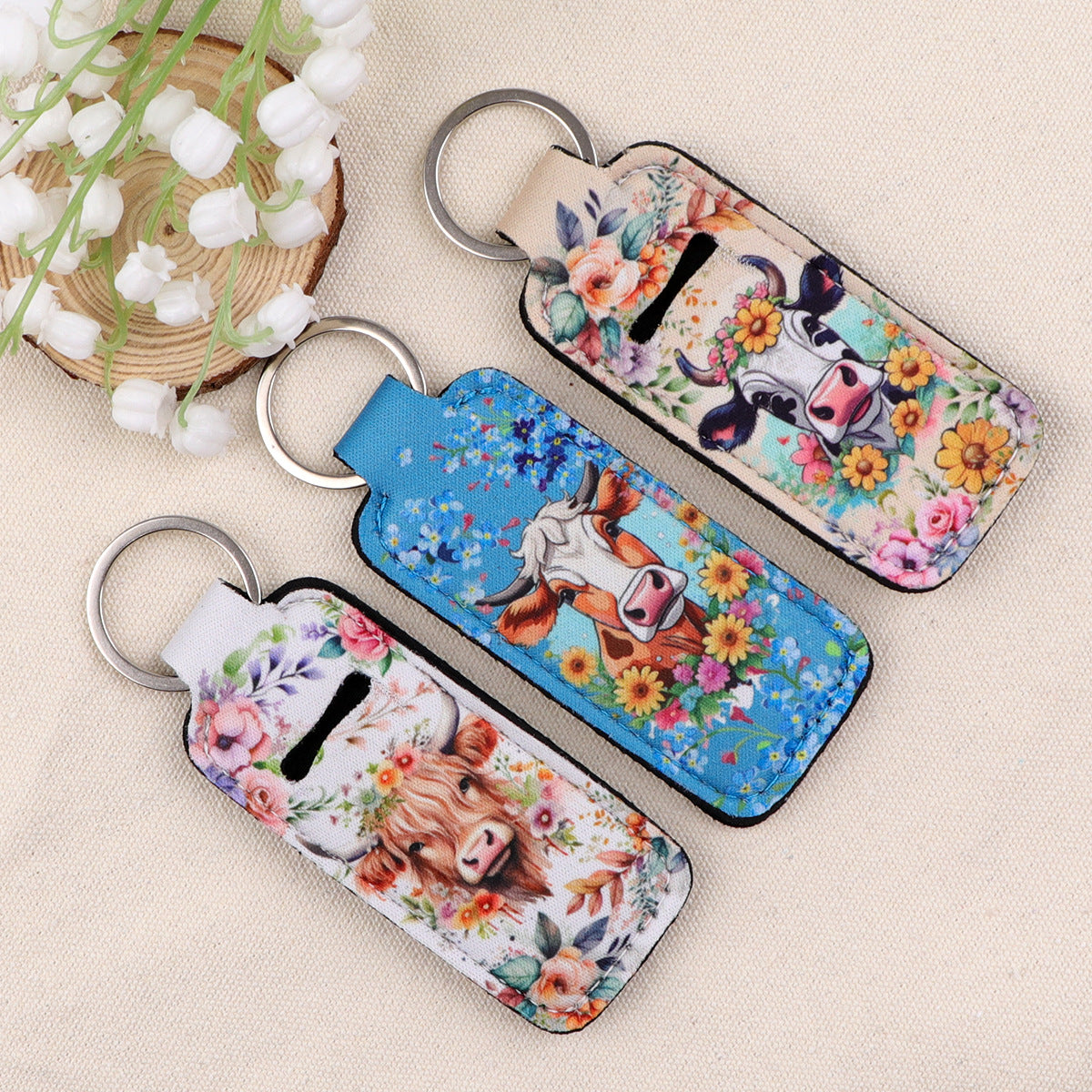 Highland Cow Pattern Chapstick Holder Neoprene Functional Keychain 3pcs 2