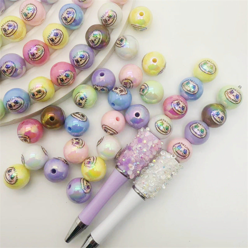 Plating Labub Head Printed Acrylic Beads 16mm Metallic Pastel 100pcs 3