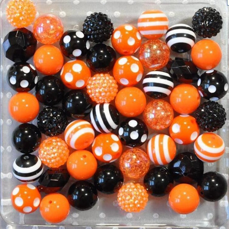 Bubblegum Beads 20mm Black Orange White Pattern Chunky Mix 50pcs 2