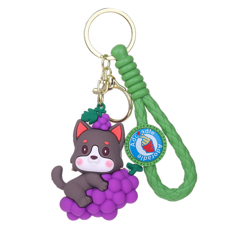 PVC Dog Keychain Cartoon Cute Dog Holding Grapes with Strap 5