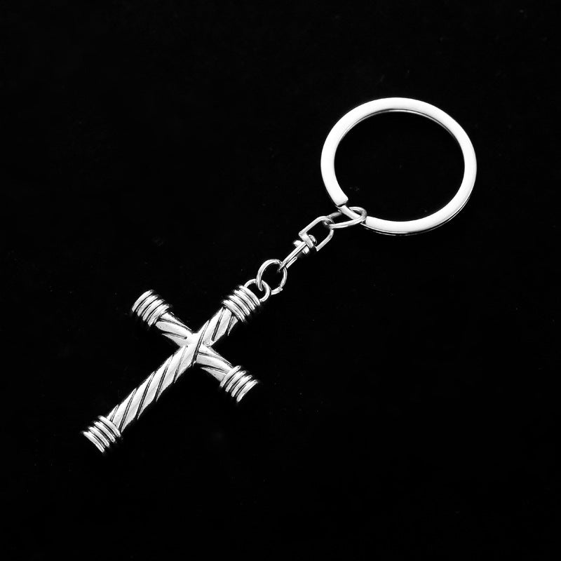 Stainless Steel Cross Keychain Textured Twist Design Polished Silver