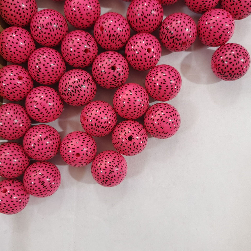 Printed Bubblegum Beads 20mm Dragon Fruit Pattern Rose Red 10pcs