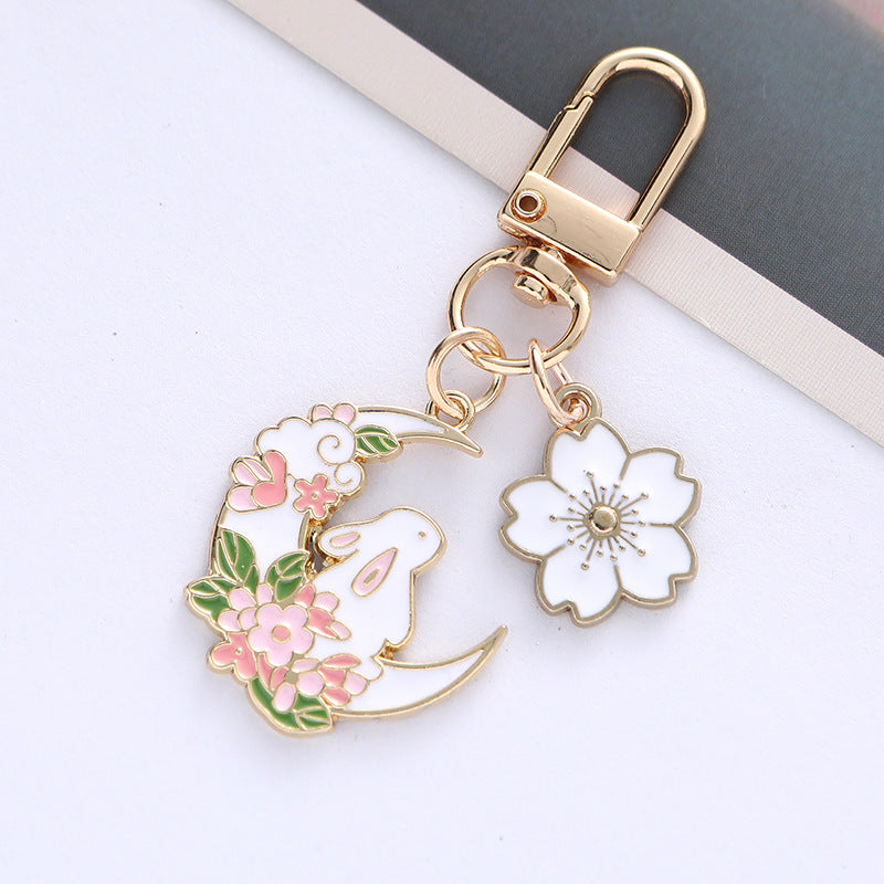 Metal Rose Rabbit Moon Wreath Keychain with Pastel Flower Charm 2
