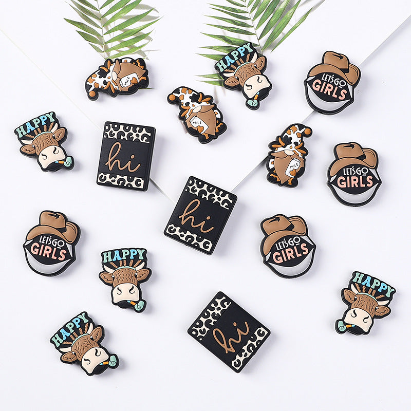 Silicone Focal Beads Cowboy Hat Happy Text Denim 20pcs 3