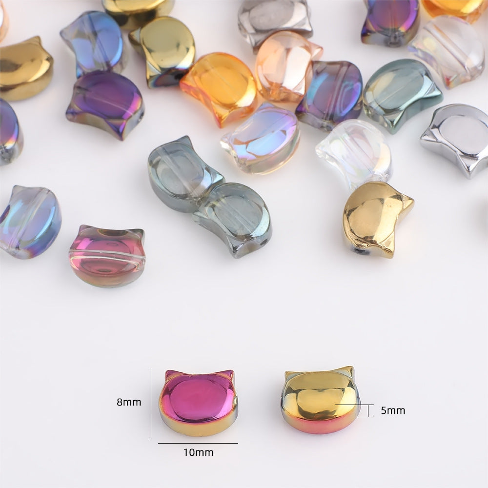 Plating Flat Cat Head Glass Beads 8mm x 10mm Iridescent Colors 30pcs