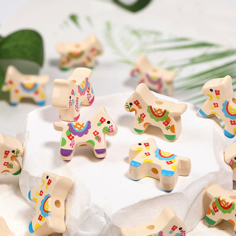 Flower Print Wooden Horse Acrylic Beads 18x23mm Colorful Floral 50pcs