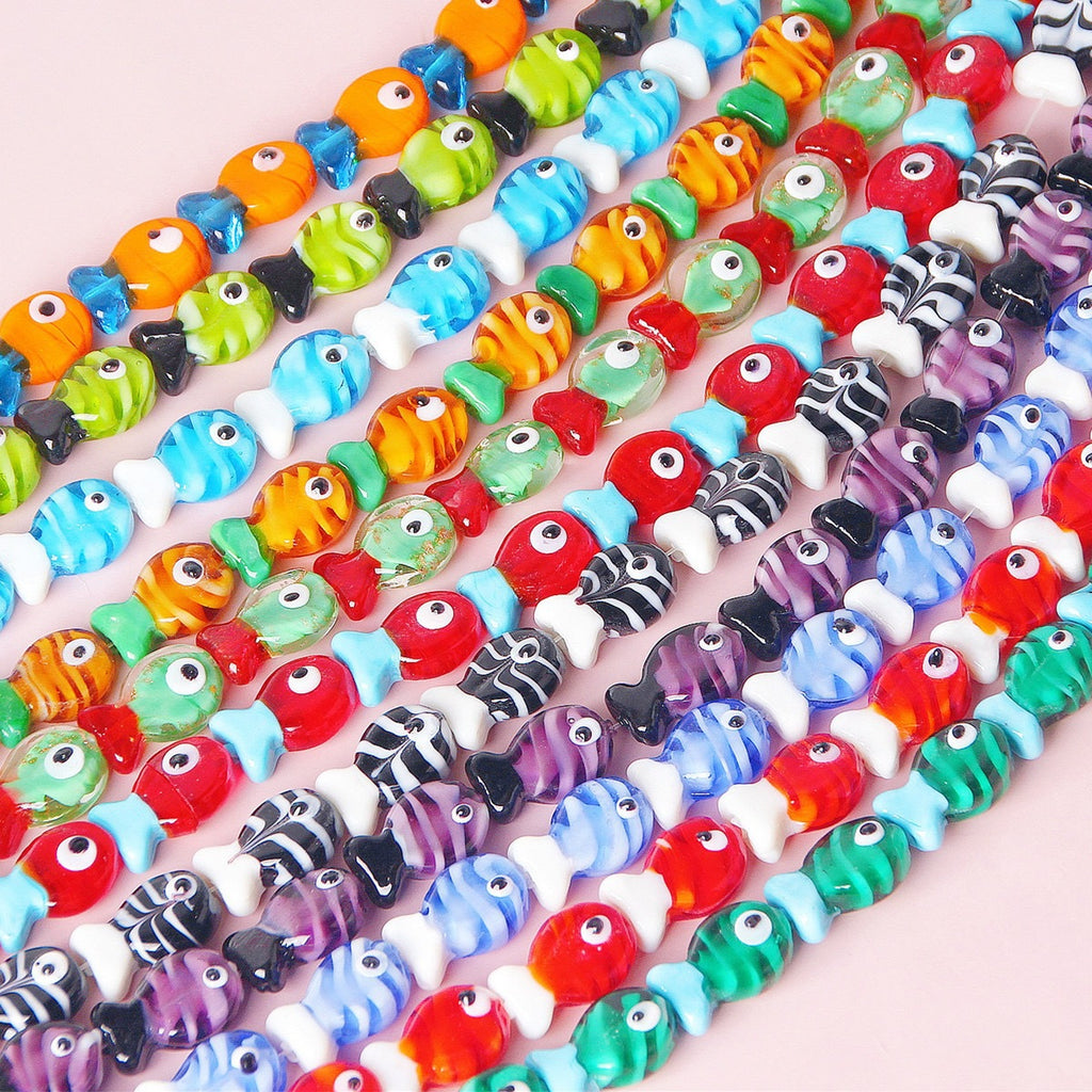 Small Fish Glass Beads 20x13mm Multi Color Glossy 10pcs