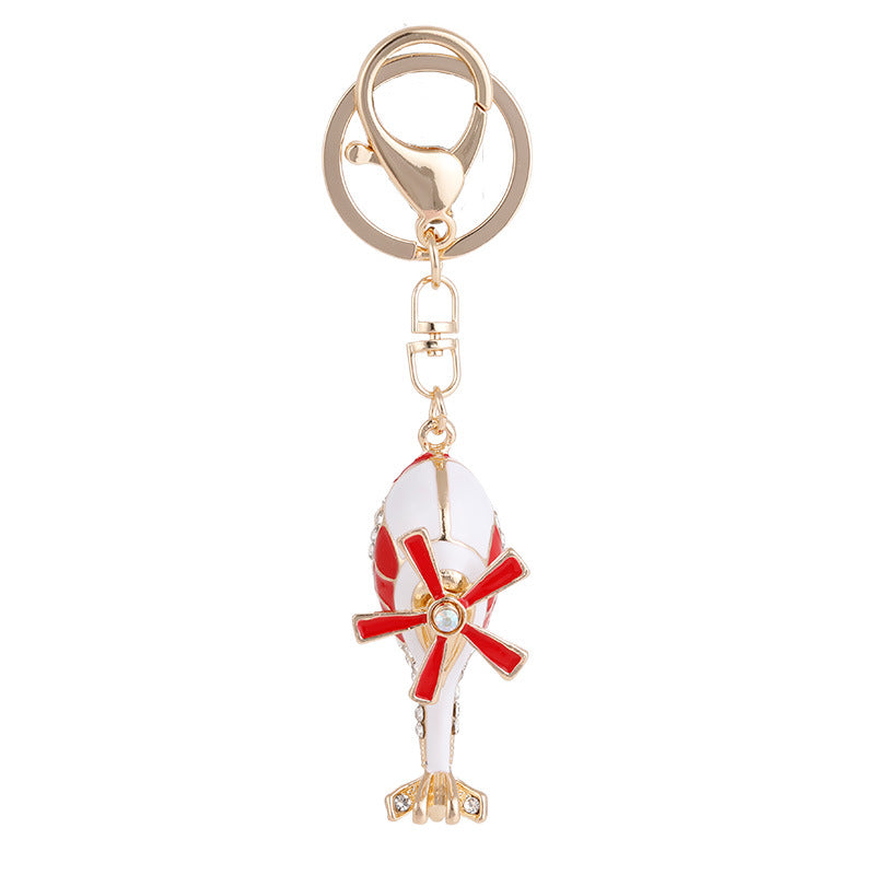 Metal Rhinestone Helicopter Keychain Gold Red Blades 5