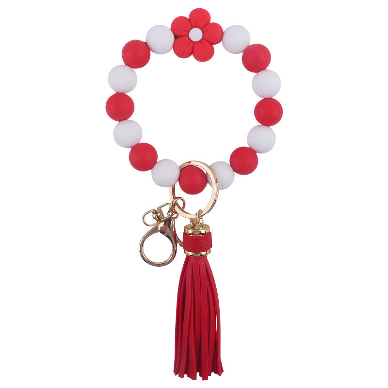 Colorful Flower Silicone Bead Wristlet Keychain with Leather Tassel 11
