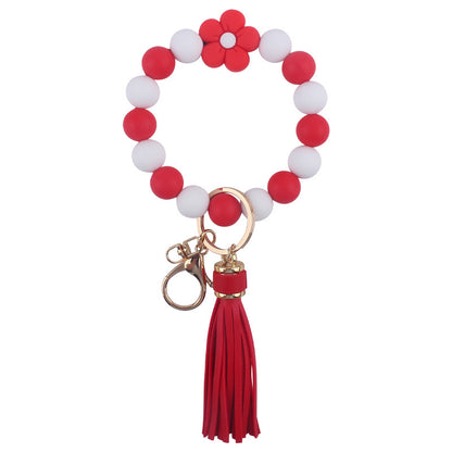 Colorful Flower Silicone Bead Wristlet Keychain with Leather Tassel 11