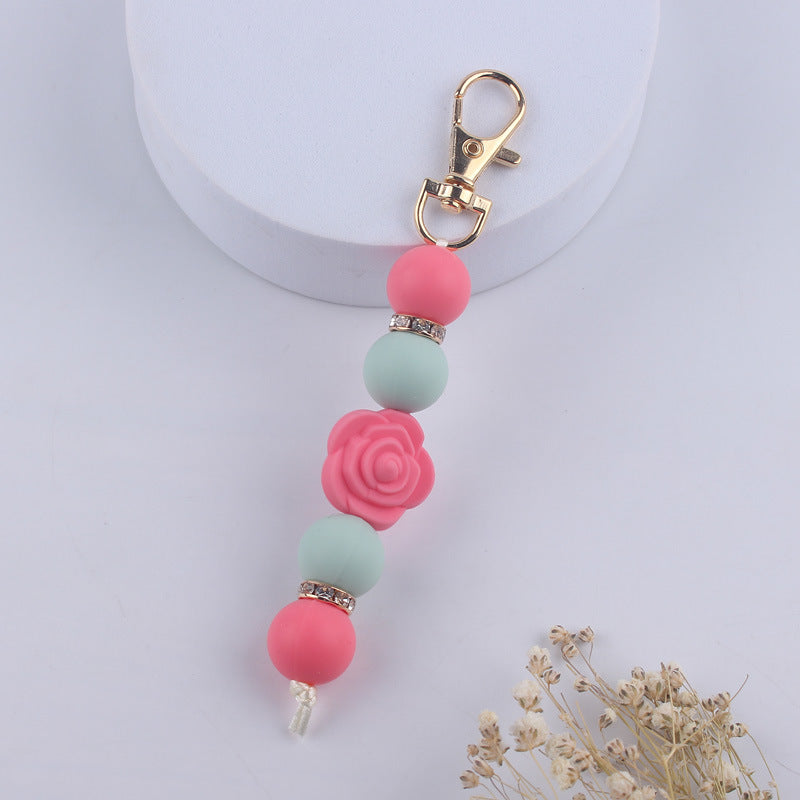 Double-Sided Rose Beaded Silicone Keychain Pastel Colors 9