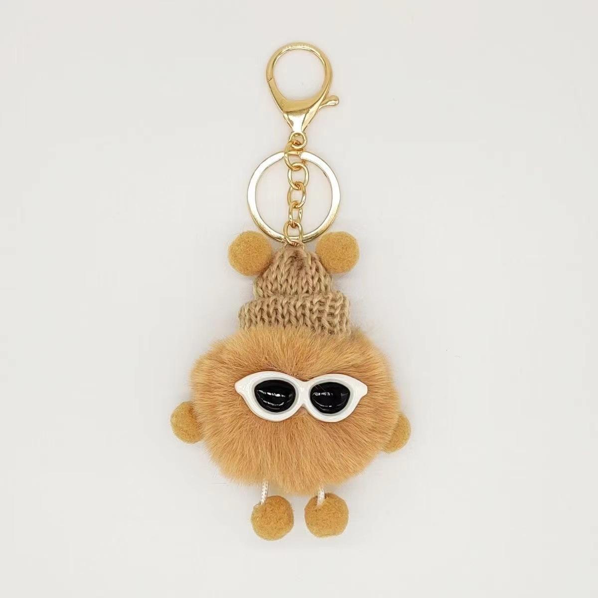 Fluffy Pom Pom Monster Doll Keychain with Sunglasses and Knitted Hat 17