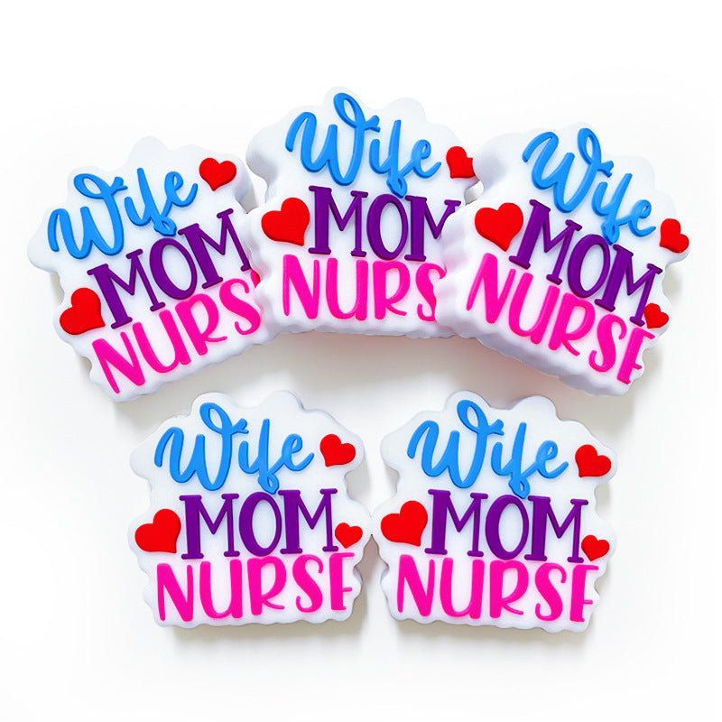 Silicone Focal Beads Nurse Mom Colorful Hearts Lettering 20pcs 3