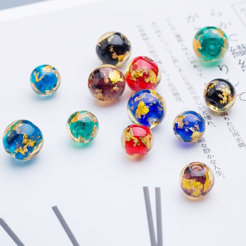Lampwork Glass Beads Round 8/10/12mm Gold Foil Flakes Filled 50pcs