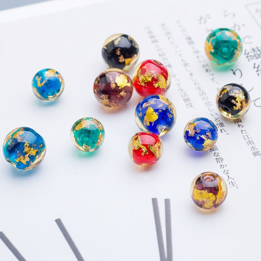 Lampwork Glass Beads Round 8/10/12mm Gold Foil Flakes Filled 50pcs