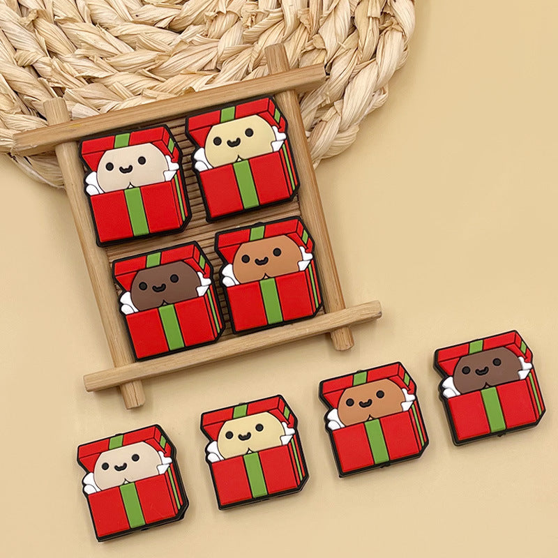 Silicone Focal Beads Christmas Gift Box with Playful Faces 20pcs 4