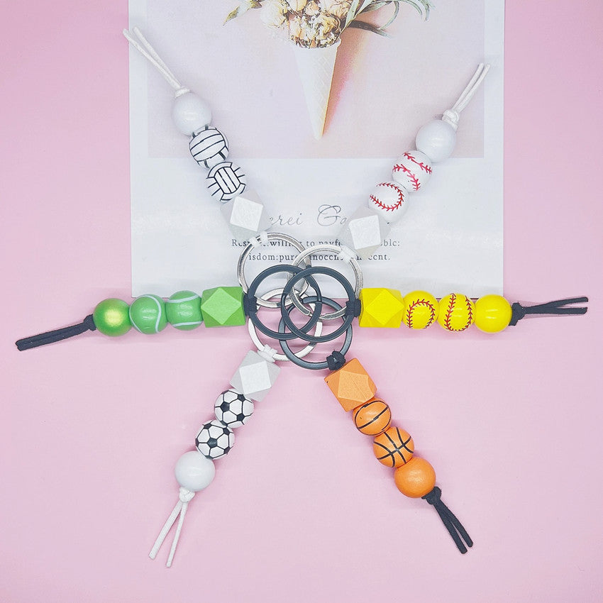 Wooden Sports Ball Beaded Keychain Colorful Handmade Design 2
