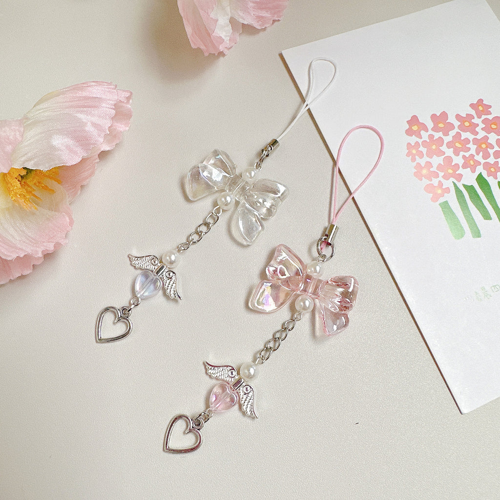 Acrylic Angel Wing Phone Charm Pastel Bow Pendant 4pcs 13cm 2